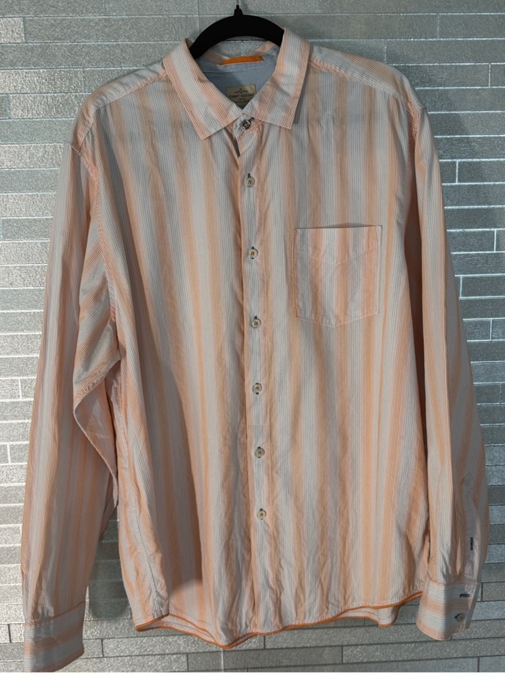 Tommy Bahama Peach and White Striped Button-Down Shirt XL 109% Cotton